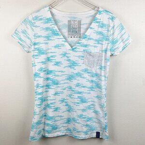 5 POINTS | White T Shirt Blue Wavy Print Black Polka Dot Pocket M